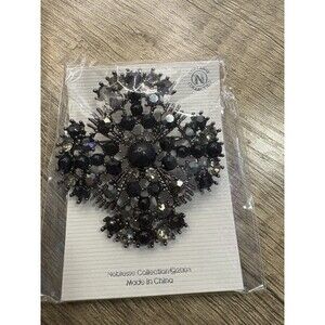 Vintage Noblesse Art Deco Black And Clear Rhinestone Silver Tone Brooch Pin